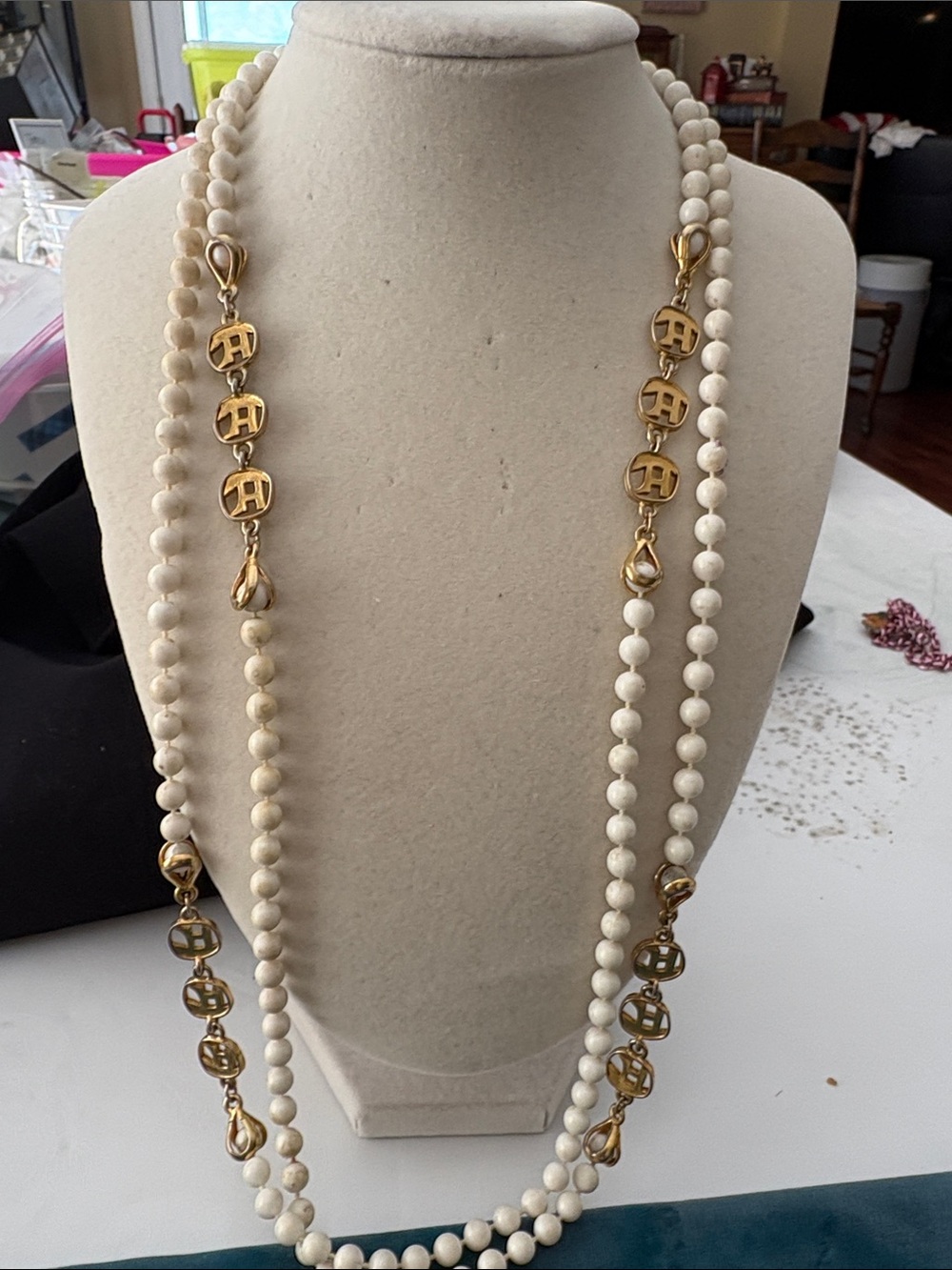 Agner 26” Elegant Cream Beaded Long Necklace with Gold Accents